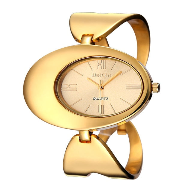 WEIQIN Women Brand Watch Waterproof Rome Style Oval Gold-Tone Hollow Out Bangle Bracelet Watches Fashion Dress Ladies Wristwatch