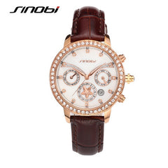 SINOBI Top Luxury Rhinestone Fashion Gold Watch Women Watches Leather Strap Auto Date Quartz Watch Lady Hour relogio feminino