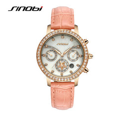 SINOBI Top Luxury Rhinestone Fashion Gold Watch Women Watches Leather Strap Auto Date Quartz Watch Lady Hour relogio feminino