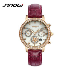SINOBI Top Luxury Rhinestone Fashion Gold Watch Women Watches Leather Strap Auto Date Quartz Watch Lady Hour relogio feminino