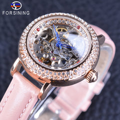 Forsining Women Fashion Pink Genuine Leather Strap Lady Geneva Diamond Skeleton Display Casual Watch Waterproof Automatic Watch