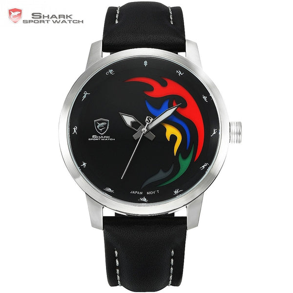 SHARK Sport Watch Mens Limited Edition Rio Brazil Games Black Face Flame Genuine Leather Relogio Olive Back Quartz-watch /SH516