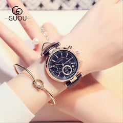 GUOU Top Brand Wrist Watch Women Watches Auto Date Ladies Watch Leather Women's Watches Clock kol saati montre femme reloj mujer