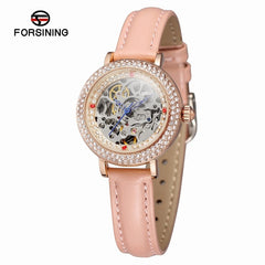 FORSINING Automatic Watch Women Fashion Mechanical Self Wind Diamond Watch Elegant Leather Bracelet Watches Relogio Femenino